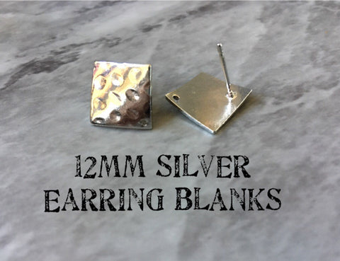 Hammered 12mm silver diamond post earring circle blanks, silver drop earring, silver stud earring, jewelry dangle DIY earring making