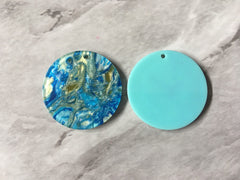 Gold & Blue Turquoise BEACH mosaic Resin Beads, circle cutout acrylic Earring Necklace pendant bead, one hole at top, jewelry acrylic DIY