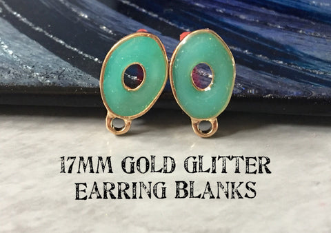 Green glitter resin 17mm oval post earring blanks, gold earring, gold stud earring, gold jewelry, gold dangle earring making metallic