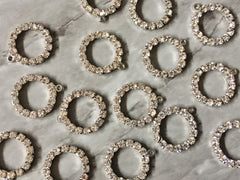 Rhinestone encrusted circle pendants, diamond colored drop earrings jewelry, silver circles 18mm 1 hole, fashion earrings metallic