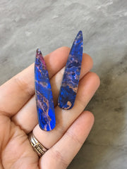 Electric Blue & Gold swirly mosaic resin oil Beads, long skinny acrylic 56mm drop Earring or Necklace pendant bead, one hole at top jewelry