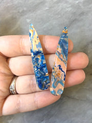 Peach Blue & Gold swirly mosaic resin oil Beads, long skinny acrylic 56mm drop Earring or Necklace pendant bead, one hole at top jewelry