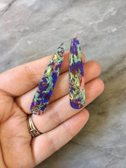 Purple Green & Gold swirly mosaic resin oil Beads, long skinny acrylic 56mm drop Earring or Necklace pendant bead, one hole at top jewelry