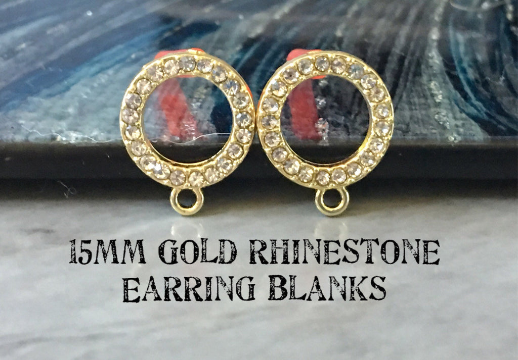 Gold & Rhinestone circle 15mm post earring blanks, gold earring, gold stud earring, gold jewelry gold dangle earring making diamond metallic