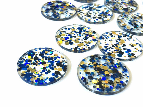 Black + Blue “VIP Party” Boho Confetti Acrylic Resin Beads, round cutout 30mm Earring Necklace pendant one hole DIY blanks acetate