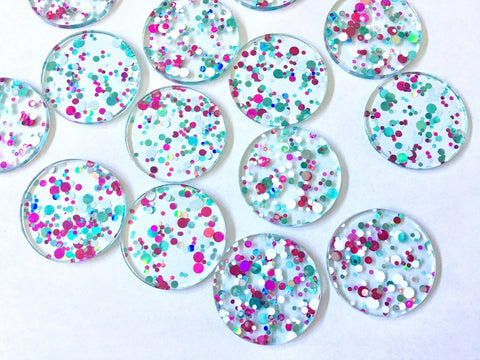 Green + Pink “Sorority Party” Boho Confetti Acrylic Resin Beads, round cutout 30mm Earring Necklace pendant one hole DIY blanks acetate