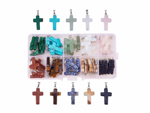 Cross stone pendants WHOLESALE! 10 Colors Jewelry Making, includes latched carrying case turquoise opal quartz jasper tigers eye