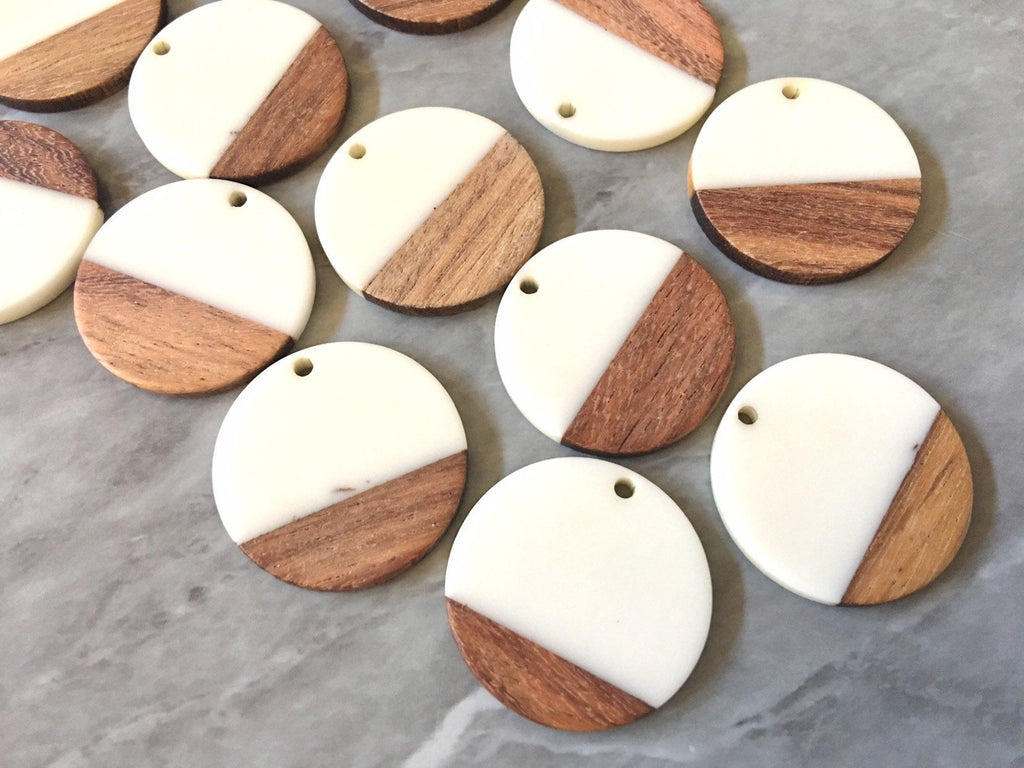 Wood Grain + Cream resin Beads, round cutout acrylic 29mm Earring Necklace pendant bead, one hole at top DIY wooden blanks white circle