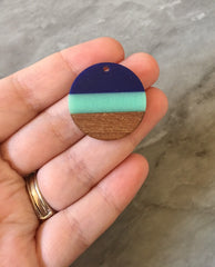 Wood Grain + Stripe resin Beads, round cutout acrylic 29mm Earring Necklace pendant bead, one hole top DIY wooden blanks blue green circle