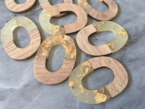 Wood Grain + Gold Foil resin Beads, oval cutout acrylic 48mm Earring Necklace pendant bead, one hole at top DIY wooden blanks brown white