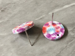16mm Tye Dye round post earring circle blanks drop stud earring, silver dangle DIY earring mod making round red purple blue earrings floral