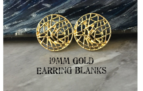 Gold Web 19mm round post earring circle blanks drop stud earring, silver dangle DIY earring mod making earrings spider webbing