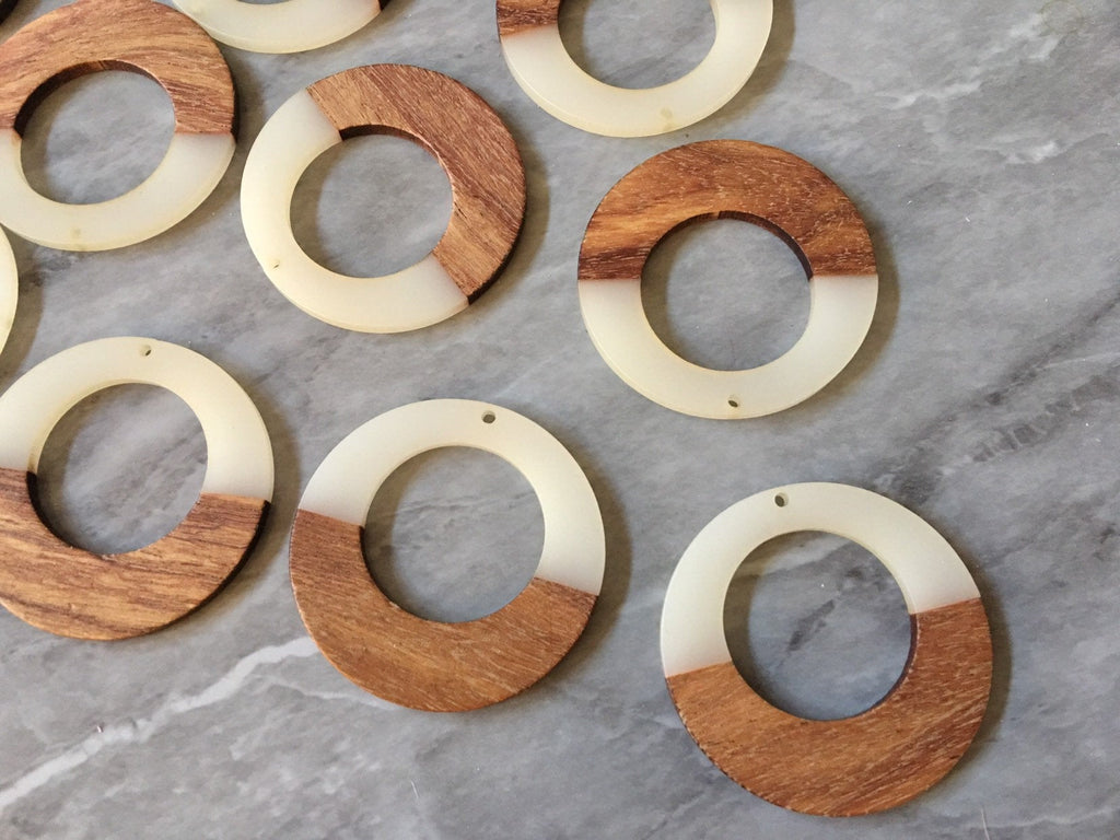 Wood Grain + cream resin Beads, round cutout acrylic 49mm Earring Necklace pendant bead, one hole at top DIY wooden blanks brown