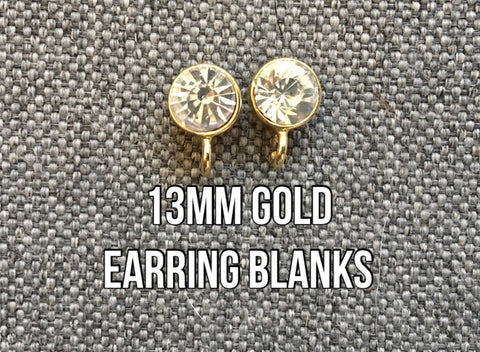 13mm Rhinestone ROUND post earring blanks, gold drop earring, gold stud earring, gold jewelry, gold dangle DIY earring making round