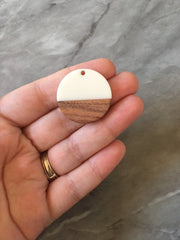 Wood Grain + Cream resin Beads, round cutout acrylic 29mm Earring Necklace pendant bead, one hole at top DIY wooden blanks white circle