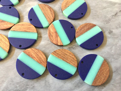 Wood Grain + Stripe resin Beads, round cutout acrylic 29mm Earring Necklace pendant bead, one hole top DIY wooden blanks blue green circle