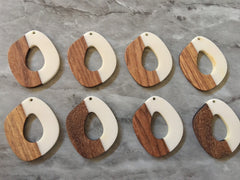 Wood Grain + Cream resin Beads, oval cutout acrylic 48mm Earring Necklace pendant bead, one hole at top DIY wooden blanks brown white