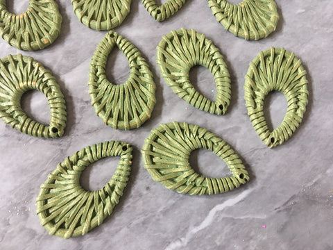 Gold & Green Chalk Paint Ratton earring Beads, teardrop cutout Necklace pendant bead, DIY blanks rattan straw hay grosgrain gingham olive