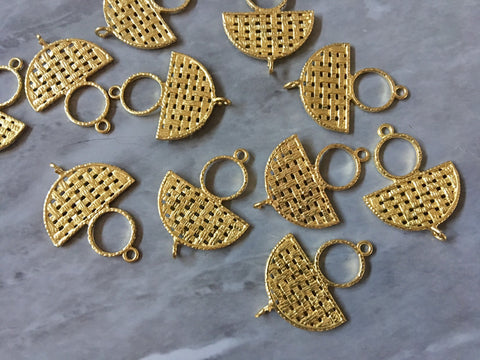 Gold Ratton metal earring Beads, circle cutout Necklace pendant bead, one hole at top DIY blanks rattan straw hay grosgrain gingham plaid
