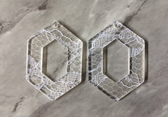 White Lace + Clear Resin Acrylic Blanks Cutout, hexagon earring pendant jewelry making, 43mm jewelry, 1 Hole earring blanks cream