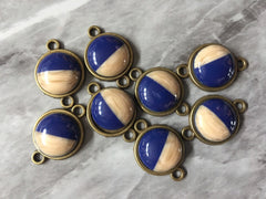 Dark Blue + Wood Resin Druzy Cabochons, connector 2 Hole Plates, jewelry making kit earring set, diy jewelry, 12mm bracelet