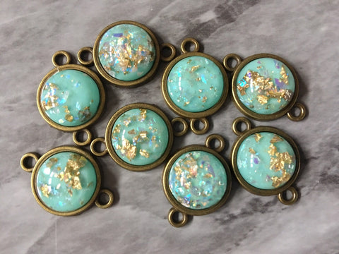 Mint Green Gold Foil confetti Resin Druzy Cabochons on 2 Hole Plates, jewelry making kit earring set, diy jewelry, 12mm Druzy bracelet