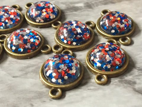 Red Blue Silver confetti in Clear Resin Druzy Cabochons, connector 2 Hole Plates, jewelry making kit earring set diy jewelry, 12mm bracelet