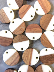 Wood Grain + Cream resin Beads, round cutout acrylic 18mm Earring Necklace pendant bead, one hole at top DIY wooden blanks brown white