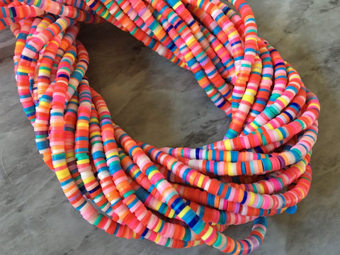 Rainbow BRIGHT 4mm WHOLESALE rubber disc beads, 16” strand heishi beads, colorful round polymer beads, colorful pride clearance donut