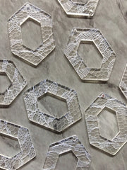 White Lace + Clear Resin Acrylic Blanks Cutout, hexagon earring pendant jewelry making, 43mm jewelry, 1 Hole earring blanks cream