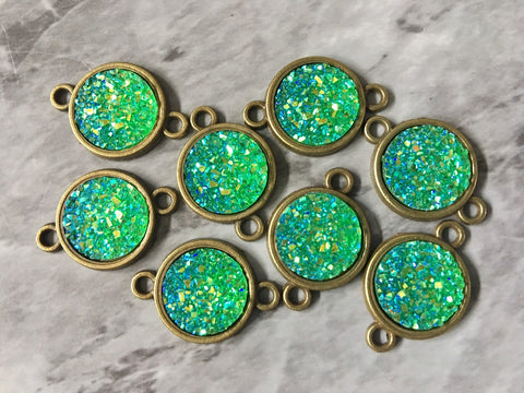 Green SPARKLE Druzy Cabochons, connector 2 Hole Plates, jewelry making kit earring set, diy jewelry, 12mm bracelet beads, green jewelry