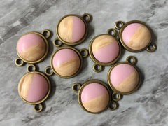 Blush Pink + Wood Resin Druzy Cabochons, connector 2 Hole Plates, jewelry making kit earring set, diy jewelry, 12mm bracelet