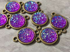 Purple SPARKLE Druzy Cabochons, connector 2 Hole Plates, jewelry making kit earring set, diy jewelry, 12mm bracelet dark purple lilac