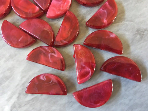 Red Half Moon acrylic Beads, semi circle painted beads 20mm beads, craft supplies, bangle bracelets earrings or necklaces maroon