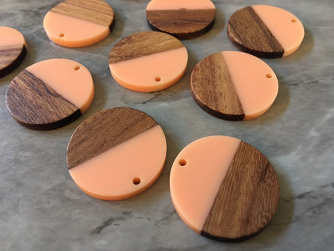 Wood Grain + Peachy Orange resin Beads, round cutout acrylic 29mm Earring Necklace pendant bead, one hole at top DIY wooden blanks circle