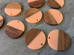 Wood Grain + Peachy Orange resin Beads, round cutout acrylic 29mm Earring Necklace pendant bead, one hole at top DIY wooden blanks circle