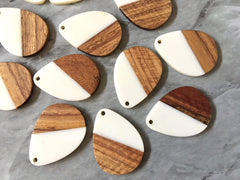 Wood Grain + Cream resin Beads, teardrop cutout acrylic 36mm Earring Necklace pendant bead, one hole at top DIY wooden blanks white circle