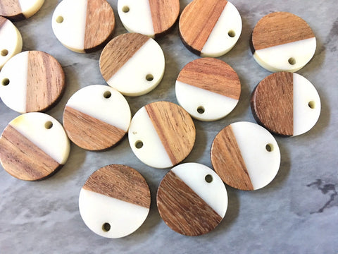 Wood Grain + Cream resin Beads, round cutout acrylic 18mm Earring Necklace pendant bead, one hole at top DIY wooden blanks brown white