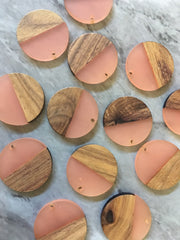 Wood Grain + Peach resin Beads, round cutout acrylic 29mm Earring Necklace pendant bead, one hole at top DIY wooden blanks coral pink circle