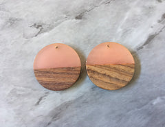 Wood Grain + Peach resin Beads, round cutout acrylic 29mm Earring Necklace pendant bead, one hole at top DIY wooden blanks coral pink circle