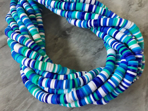 Ocean Breeze Blue 6mm WHOLESALE rubber disc beads, 16” strand heishi beads, colorful round polymer beads, clearance beads donut tie die