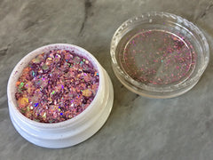 SALE Pink Holographic Glitter Container, Tin Foil paper jewelry diy crystal earring, 40mm plastic screw top container, blush resin making