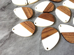 Wood Grain + Cream resin Beads, teardrop cutout acrylic 36mm Earring Necklace pendant bead, one hole at top DIY wooden blanks white circle