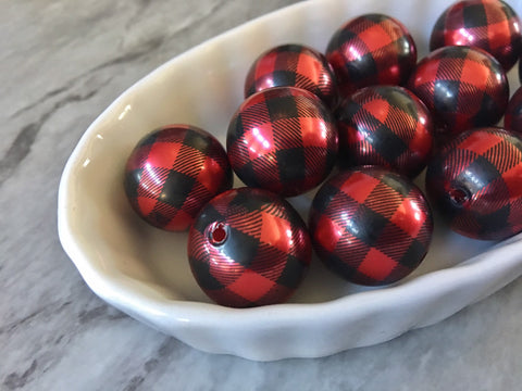 Christmas Beads, Buffalo Plaid Check 20mm Beads, winter bracelet necklace earrings, jewelry making bangle beads red white Xmas holiday