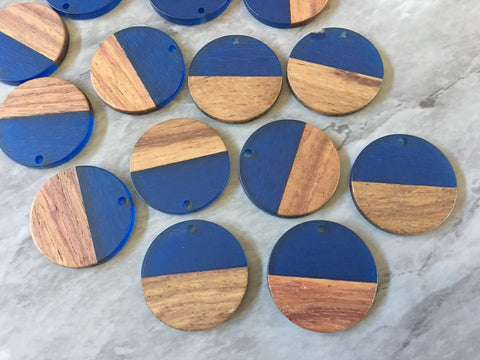 Wood Grain + Blue resin Beads, round cutout acrylic 29mm Earring Necklace pendant bead, one hole at top DIY wooden blanks brown circle