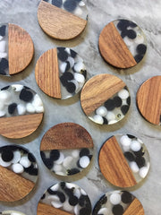 Wood Grain polka Dot resin Beads, round cutout acrylic 29mm Earring Necklace pendant bead, one hole top DIY wooden blanks black cream circle