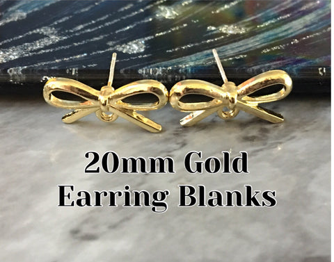 Bow Tie 20mm post earring blanks, gold drop earring, gold stud earring, gold jewelry, gold dangle DIY earring making hair bow love knot