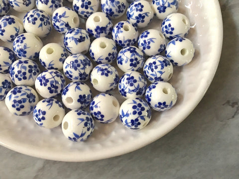 Ginger Jar Handmade Blue and White Porcelain 12mm Beads, circular beads, round beads jewelry statement chunky, glass beads flower beads