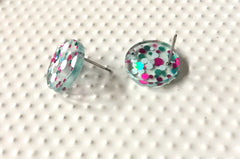Green + Pink Sorority Party 16mm confetti circle post earring circle blanks, gold drop earring stud earring, jewelry dangle DIY making