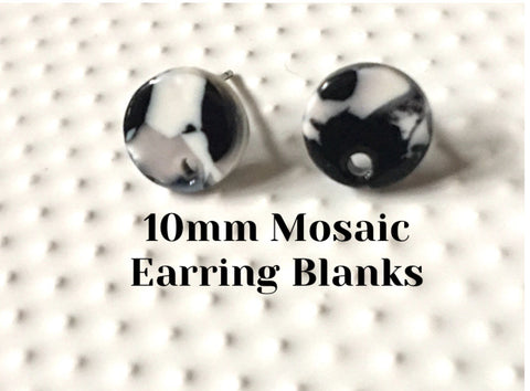 Black + White mosaic 10mm confetti circle post earring blanks, drop earring stud earring, jewelry dangle DIY earring making